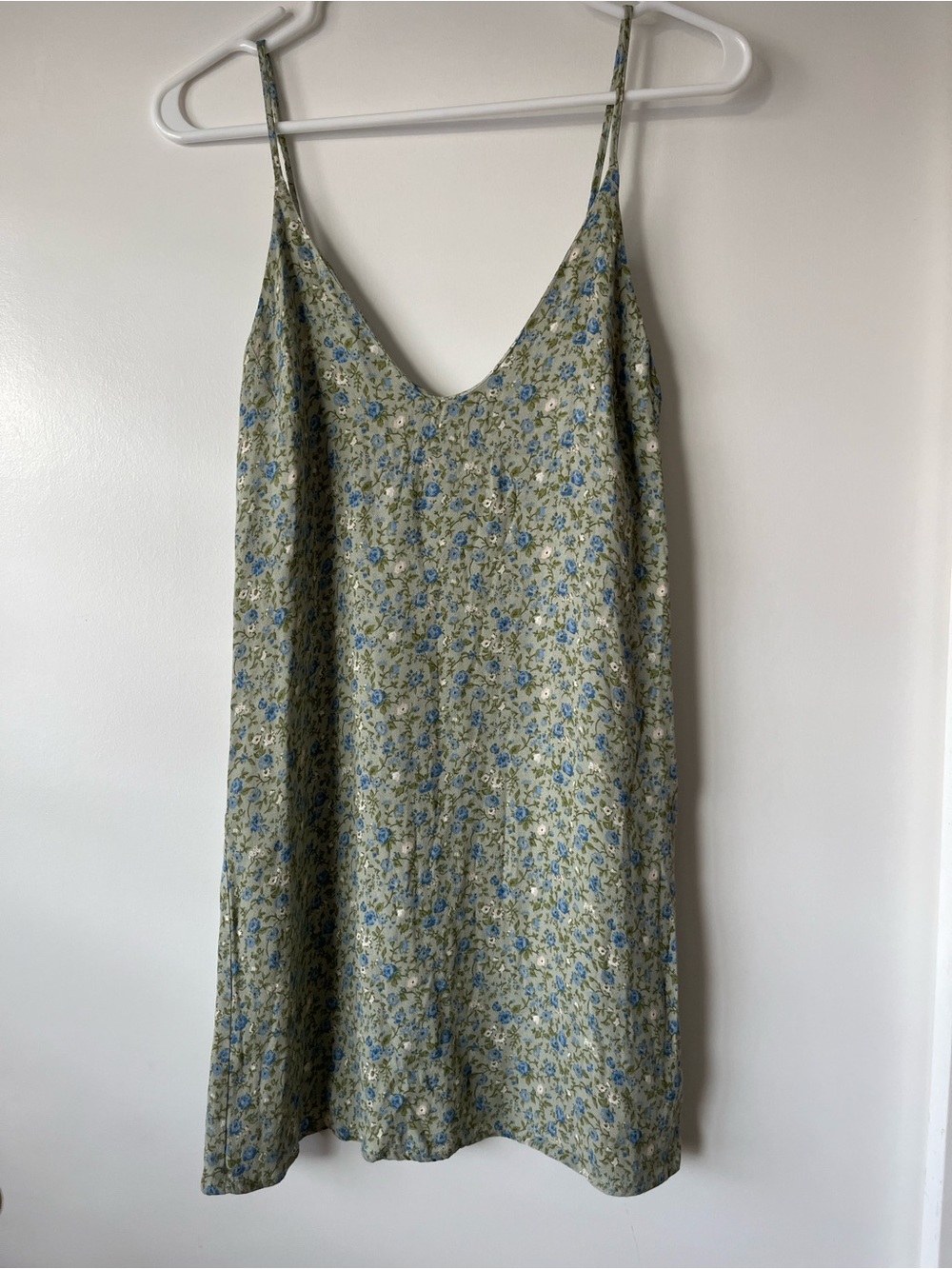 Reformation Sage Green Mini Slip Dress with Blue Floral Print